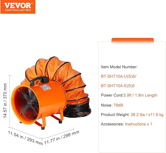 VEVOR Air Mover Blower Fan 10 Inch, 1893CFM 380W with 16.4ft Flexible Duct, Industrial Portable Ventilator Blower/Exhaust, Orange