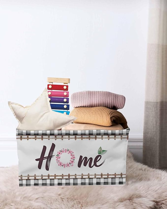Spring Flowers Storage Bins Cubes Waterproof Cloth Storage Basket, Watercolor Floral Leaf Black Plaid Foldable Storage Bags for Shelf Closet Clothes Storages Organizers with Handles 15x11x9.5 in 1PCS