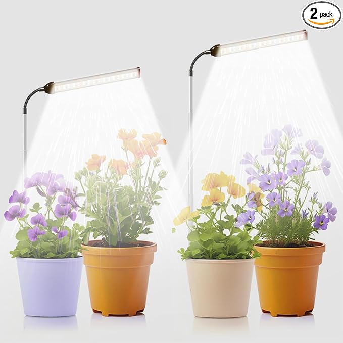 Grow Light for Indoor Plants Growing, 6000K Full Spectrum Gooseneck Plant Lamp for Seedings Succulents Small Plants, 5 Dimming & 4/8/12/18H Timer, 2 Pack