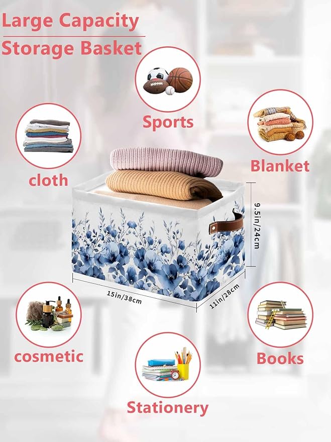 Blue Blooms Floral Storage Bins Cubes Waterproof Cloth Storage Basket,Farmhouse Spring Flowers Botanical Foldable Storage Bags for Shelf Clothes Storages Organizers with Handles 15x11x9.5 in 1PCS