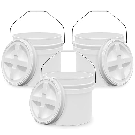 3.5-Gallon White Bucket Pail with Gamma Seal Screw on Airtight Lid, Heavy-Duty 90MIL Extra Durable, Food Grade, Metal Handles with Plastic Grip for Easy Carrying, Easy Stack & Store, BPA Free - 3 Pack