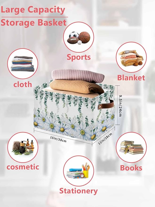 Daisy Eucalyptus Storage Bins Cubes Waterproof Cloth Storage Basket, Farmhouse Weeping Botanical Foldable Storage Bags for Shelf Closet Clothes Storages Organizers with Handles 15x11x9.5 in 2PCS