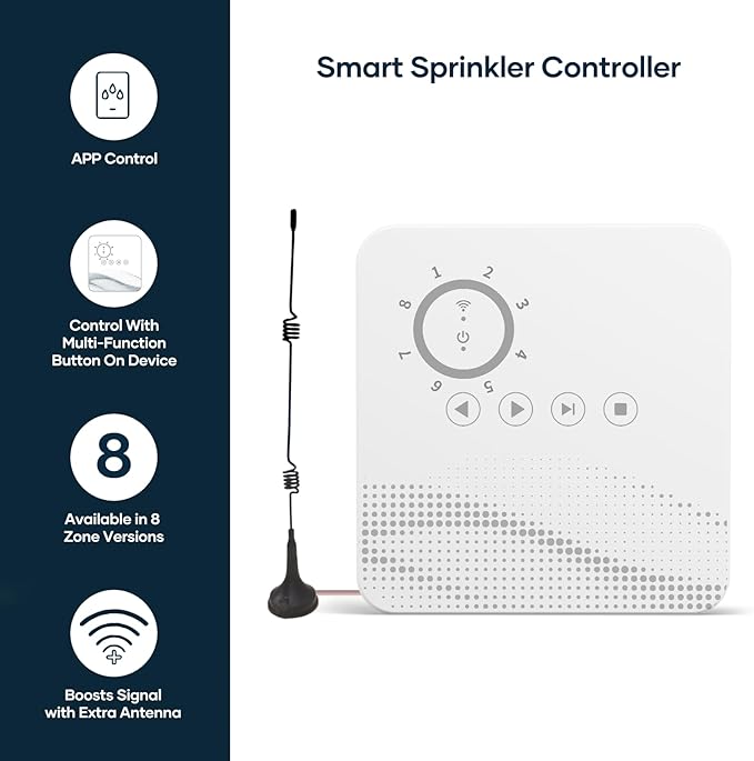Smart Sprinkler Controller WiFi with External Antenna 8 Zone , Strong Signal Irrigation Timer, App & Panel Dual Control, Indoor Watering System with Weather Intelligence, 24VAC Compatible