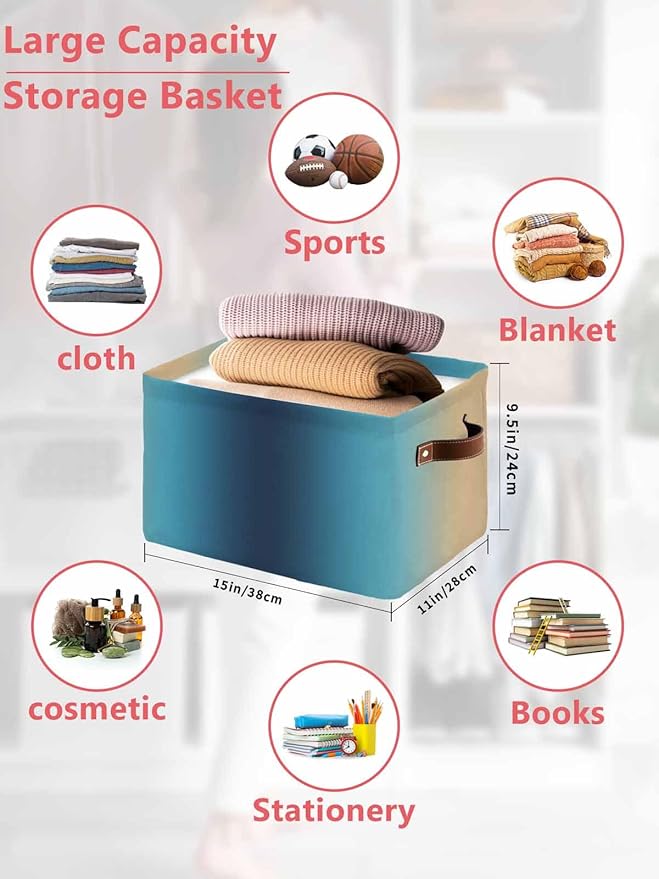 Blue Teal Yellow Ombre Storage Bins Cubes Waterproof Cloth Storage Basket,Farmhouse Modern Gradient Art Foldable Storage Bags for Shelf Clothes Storages Organizers with Handles 15x11x9.5 in 2PCS