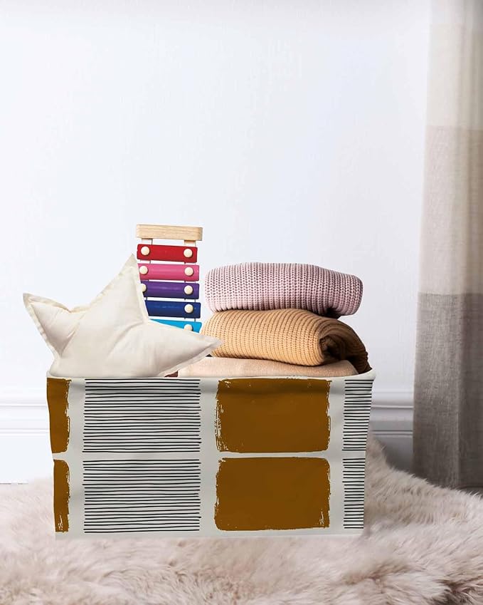 Brown Storage Bins Cubes Waterproof Cloth Storage Basket,Modern Painting Farmhouse Striped Abstract Art Foldable Storage Bags for Shelf Clothes Storages Organizers with Handles 15x11x9.5 in 1PCS