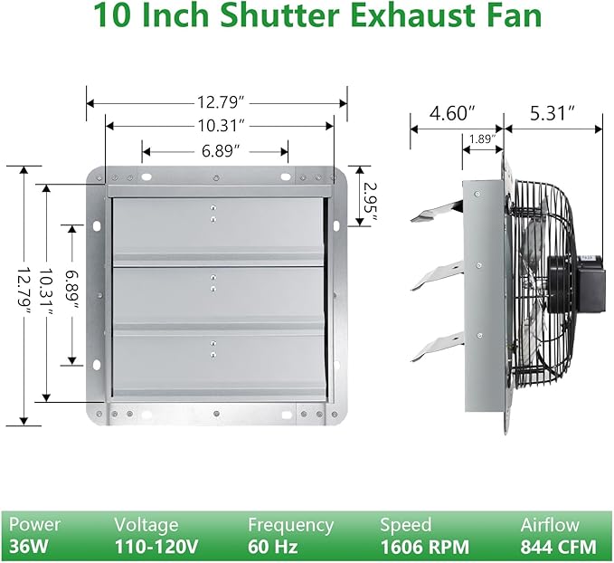 Shutter Exhaust Fan with Thermostat & Speed Control, 844 CFM,1606 RPM, Upgrade 10 inch Wall Mount Attic Vent Fan for Chicken Coops, Greenhouse, Gable, Barn, Garage, Shed Ventilator