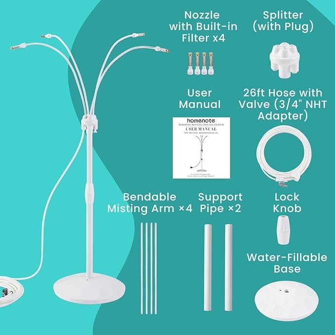 HOMENOTE Standing Misting Cooling System with Fillable Base, 26.2FT Water Line, Adjustable Height Standing Mister for Outside Patio Cooling, Pool Tanning, Garden Greenhouse Watering (White)