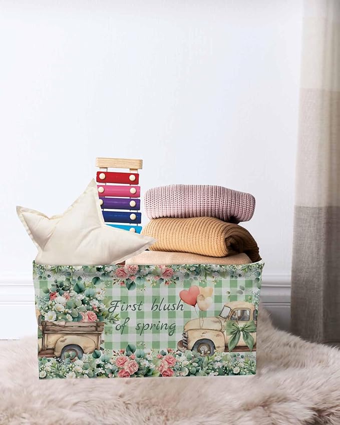 Eucalyptus Trucks Storage Bins Cubes Waterproof Cloth Storage Basket,Spring Farmhouse Floral Sage Green Plaid Foldable Storage Bags for Shelf Clothes Storages Organizers with Handles 15x11x9.5 in 2PCS