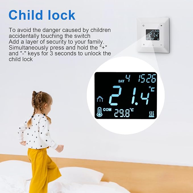 Touchscreen Programmable Thermostat for Electric Floor Heating System, 7-day Timing Settings Backlight LCD Display Safety Lock Automatic Calibration Low Temperature Protection NTC Floor & Air Sensing