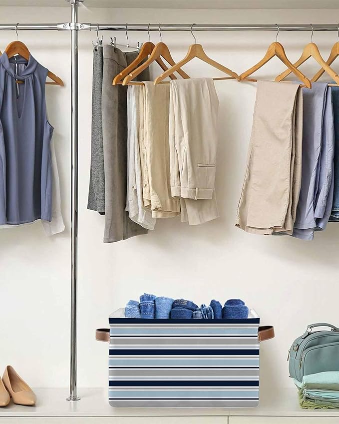 Navy Blue Gray Striped Storage Bins Cubes Waterproof Cloth Storage Basket,Farmhouse Stripes Modern Abstract Art Foldable Storage Bags for Shelf Storages Organizers with Handles 15x11x9.5 in 1PCS