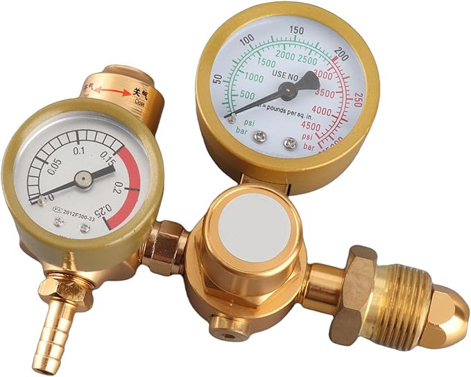 Gas Welding Regulator Argon CO2 Gauge TIG MIG Flowmeter High Precision Adjustable Pressure Reducing Valve with Double Gauge 4500psi Cylinder Pressure 1/4in Outlet 6.605GPM f
