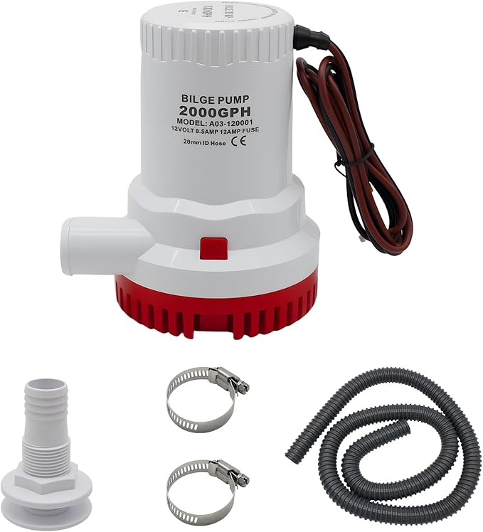 HXH 2000 GPH Bilge Pump Kit for Boats 12V, with PVC Bilge Pump Hose 1-1/8-Inch,2 PCS Stainless Steel Hose Clamps and Thru-Hull Fitting Set, for Marine, Yachts, Live Well Kit for for Cruisers