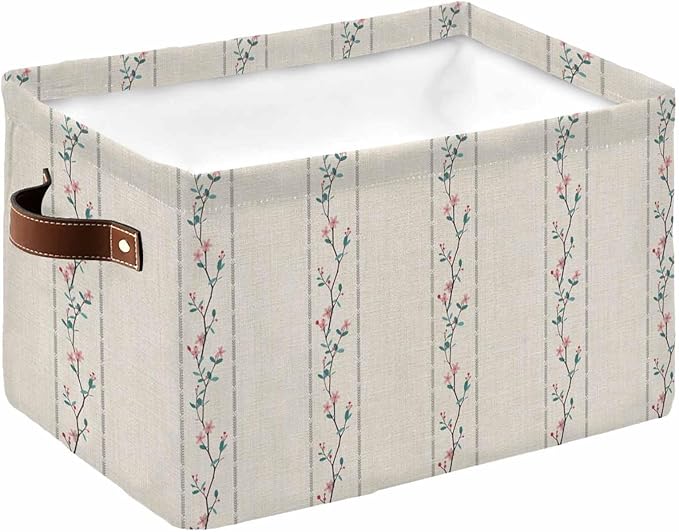 Beige Flower Branch Storage Bins Cubes Waterproof Cloth Storage Basket, Spring Summer Farmhouse Botanical Foldable Storage Bags for Shelf Closet Clothes Organizers with Handles 15x11x9.5 in 1PCS