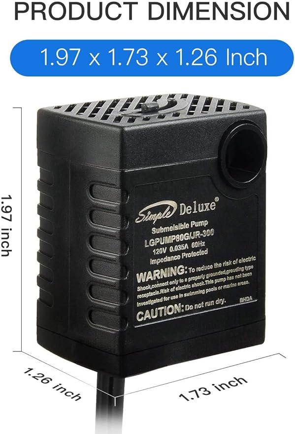 Simple Deluxe 80 GPH Submersible Pump with Adjustable Intake & 6' Waterproof Cord for Hydroponics, Aquaponics, Fountains, Ponds, Statuary, Aquariums & more, Black (Pack of 2)