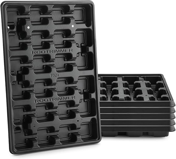 24 Cell Nursery Pots Trays 5 Pack (17"x11"x1.6"), Reusable Plant Pot Tray for Holding 2.8 inch (7CM) Square Nursery Pots, Durable Plastic Carrying Seed Starter Tray with Drain Holes (Black)