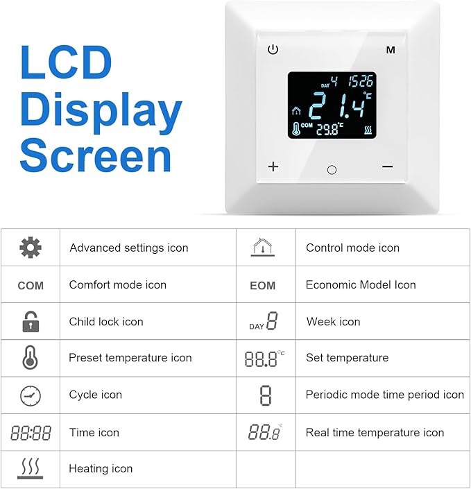 Touchscreen Programmable Thermostat for Electric Floor Heating System, 7-day Timing Settings Backlight LCD Display Safety Lock Automatic Calibration Low Temperature Protection NTC Floor & Air Sensing