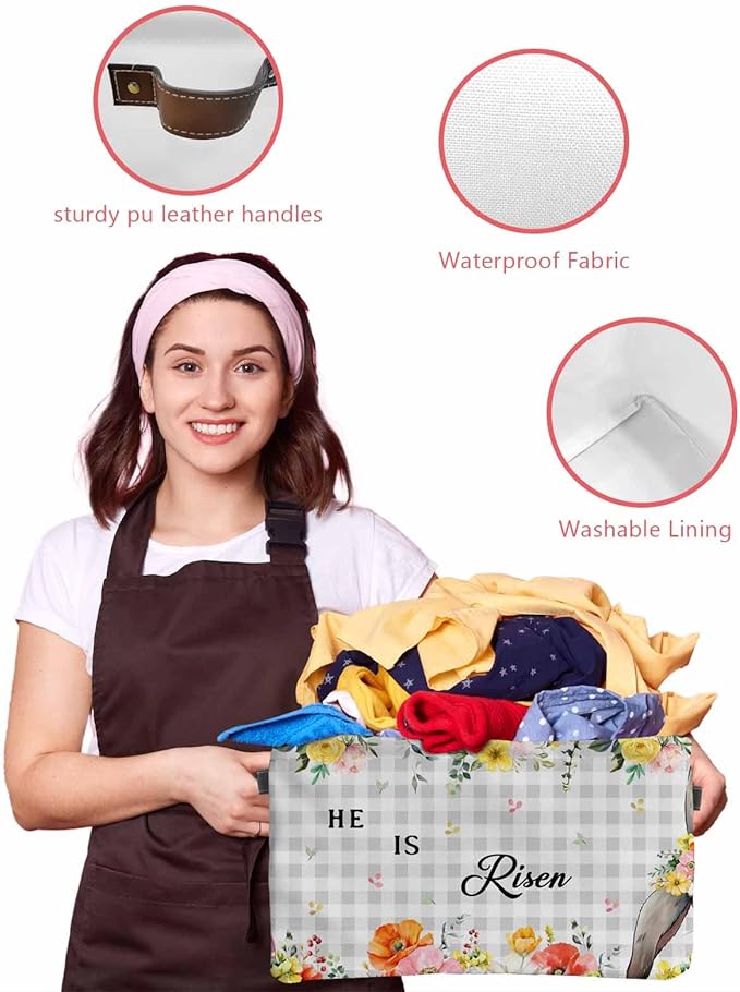 Easter Plaid Storage Bins Cubes Waterproof Cloth Storage Basket,Spring Watercolor Bunny Flower Grey Checkered Foldable Storage Bags for Shelf Clothes Storages Organizers with Handles 15x11x9.5 in 2PCS