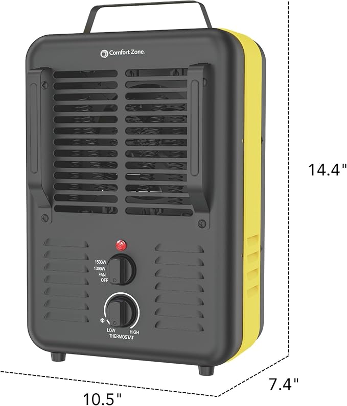 Comfort Zone 1500W Milkhouse Style Electric Utility Heater – Portable Workshop & Garage Space Heater with Adjustable Thermostat, 2 Heat Settings & Fan – All-Metal Heavy-Duty Design – Yellow/Black