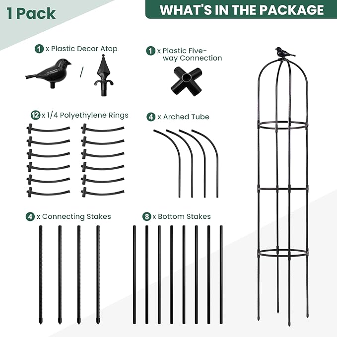 FOLLOOK Garden Obelisk Trellis for Climbing Plants Outdoor, Lightweight Climbing Plant Support Flower Roses Clematis Vegetable Light Vines Round Trellis for Raised Garden Bed Planter, Black, 2 Pack