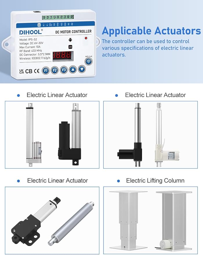 DIHOOL Electric Linear Actuator Controller with Current Limit, WiFi and Timer, Smart eWeLink Control, Remote Wireless 12V 24V DC Motor Controller, Rebound When Obstacles Protection, Load Safety