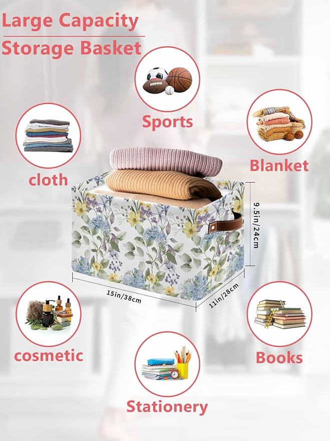 Vintage Spring Floral Storage Bins Cubes Waterproof Cloth Storage Basket, Farmhouse Flowers Watercolor Foldable Storage Bags for Shelf Closet Clothes Storages Organizers with Handles 15x11x9.5 in 2PCS