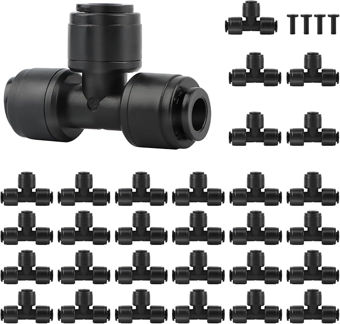 Kalolary 30Pcs Quick Connect 1/4" Drip Irrigation Tee Fitting,Universal Barbed Tee Connector for 1/4" Irrigation Tubing Leak Free Fittings with 4Pcs Plugs for Sprinkler Drip Irrigation Watering System