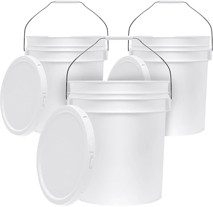 5-Gallon White Bucket Pail Container with Lid | Food Grade | Heavy-Duty 90MIL Extra Durable | Metal Handles with Plastic Grip for Easy Carrying | Multi-Use | Easy Stack and Store | BPA Free - 3 Pack