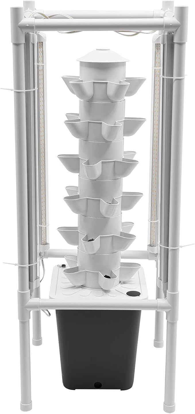 Hydroponic Growing Kit, 6 Layer 30 Planting Point Hydroponic Grow Tower with 4 LED Lamps, Vertical Tower Planter Germination Kit, Hydroponics Growing System for Garden, Office, Balcony (Gray)