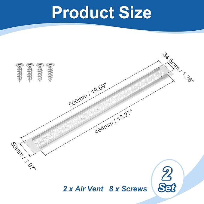 uxcell 2Pcs Aluminum Alloy Air Vents, 500 x 50mm / 19.7 x 2" Rectangle Louvered Ventilation Grille Cover with Mounting Screws for Door Cabinet Wardrobe, Silver