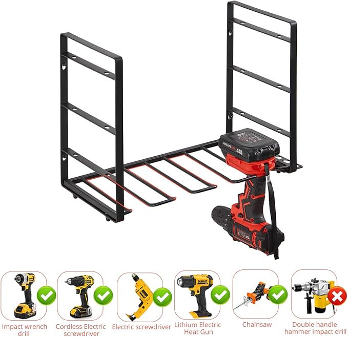 Power Tool Organizer, 4 Layers Heavy Duty Metal Tool Shelf, Drill Holder Wall Mount, Utility Storage Rack for Cordless Drill Charging Station Screwdriver, black