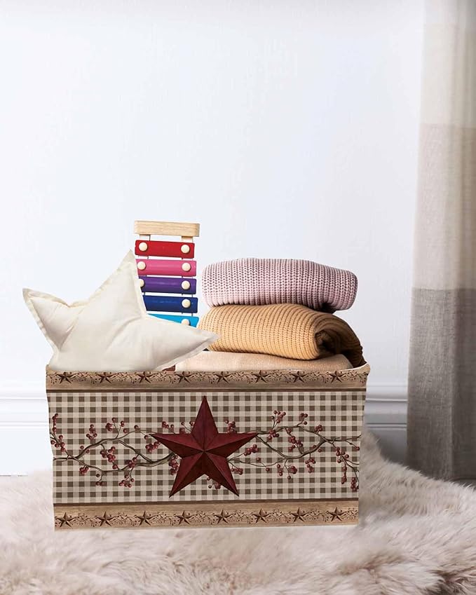 Texas Star Vintage Storage Bins Cubes Waterproof Cloth Storage Basket, Brown Checkered Berry Farmhouse Foldable Storage Bags for Shelf Closet Clothes Storages Organizers with Handles 15x11x9.5 in 2PCS