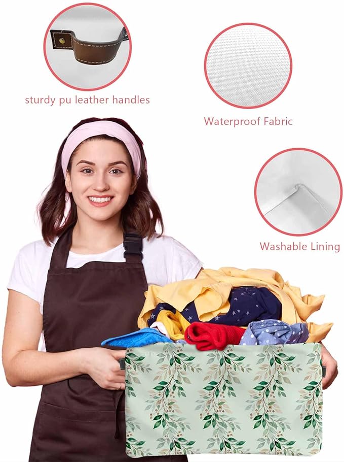 Botanical Leaves Storage Bins Cubes Waterproof Cloth Storage Basket, Weeping Berry Spring Plants Summer Foldable Storage Bags for Shelf Closet Clothes Organizers with Handles 15x11x9.5 in 1PCS