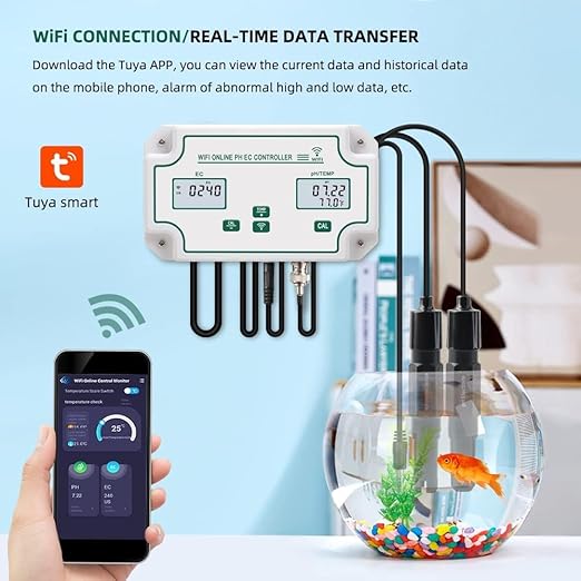 24/7 Online WiFi pH EC Monitor, EC PPM pH Mete Hydroponic Nutrients Smatr Monitor, APP Online Nutrient Meter with Data Logger Function for Nutrient Reservoir Water Tank DWC Indoor Garden