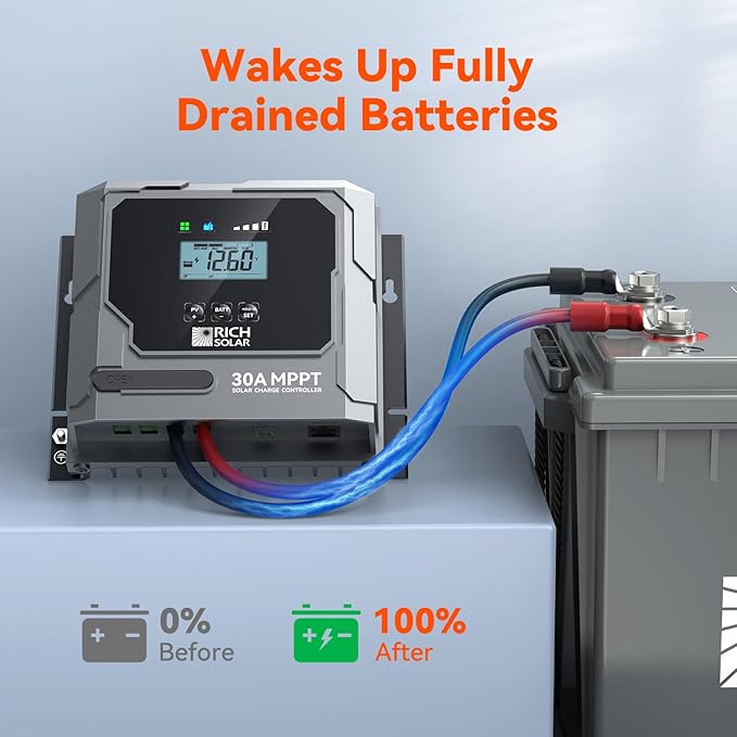 RICH SOLAR Bravo 30 | 30A MPPT Solar Charge Controller with Bluetooth – 12V/24V Auto-Detect, Lithium & Lead-Acid Battery Support for RVs, Campers & Off-Grid Systems