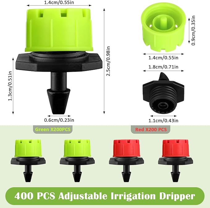 Yaocom 400 Pcs Sprinkler Irrigation Drippers, 1/4 Inch Barbed Drip Emitter, 360 Degree Watering Adjustable Suitable Anti-Clogging Drippers for 4mm/7mm Garden Watering Tubing System (Red,Green)