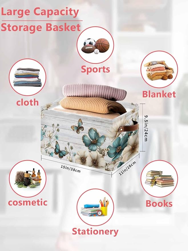 Teal Tulip Butterfly Storage Bins Cubes Waterproof Cloth Storage Basket,Beige Turquoise Floral Grey Wooden Foldable Storage Bags for Shelf Clothes Storages Organizers with Handles 15x11x9.5 in 1PCS