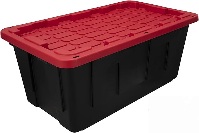 (2-Pack) 40 Gallon Extra Large Storage Bin with Snap Lid, Heavy Duty Black and Red Plastic Container