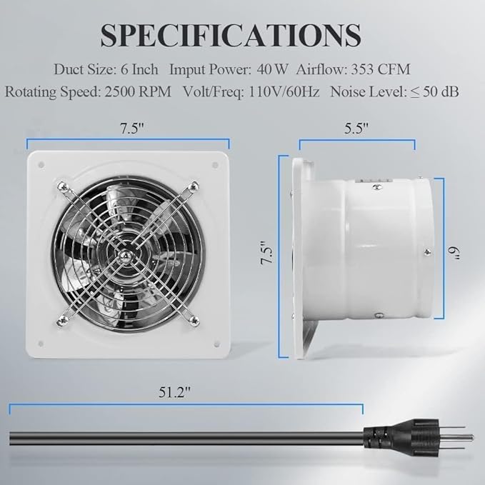 WiseWater 6 Inch White Exhaust Fan with Variable Speed Controller, 110V 40W Wall Mount with Backdraft Damper, 353 CFM Low Noise for Attic, Garage, Greenhouse, Warehouse, Farm, Shed and Smoking Room