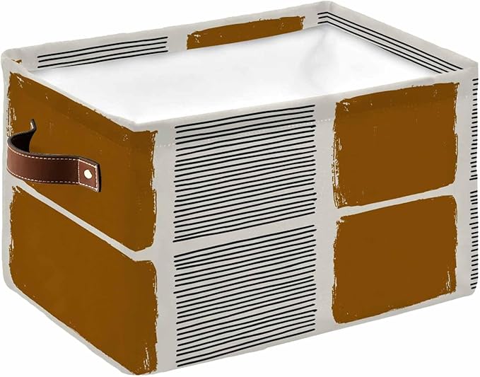 Brown Storage Bins Cubes Waterproof Cloth Storage Basket,Modern Painting Farmhouse Striped Abstract Art Foldable Storage Bags for Shelf Clothes Storages Organizers with Handles 15x11x9.5 in 1PCS