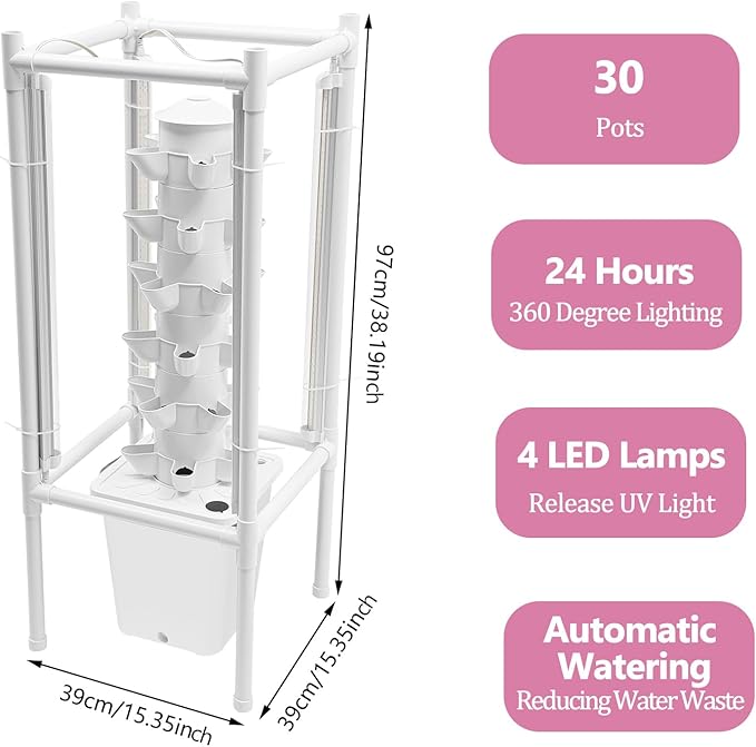 30-Plant Hydroponics Tower Vertical Growing System Kit, Indoor Garden Planter Herb Garden with LED Grow Light, Hose and Water Pump, Vertical Planter Germination Kit for Fruits Vegetables (White)