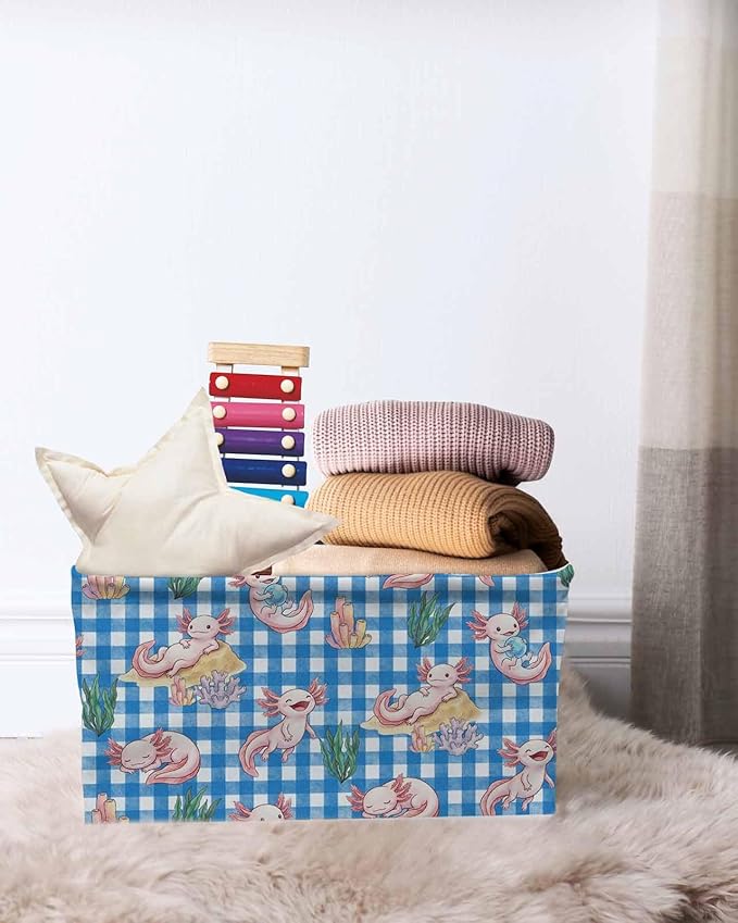 Pink Animals Coastal Storage Bins Cubes Waterproof Cloth Storage Basket, Blue Checkered Farmhouse Ocean Foldable Storage Bags for Shelf Closet Clothes Organizers with Handles 15x11x9.5 in 1PCS