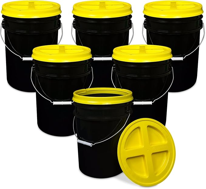 ePackageSupply 5 Gallon Bucket - Food Grade Bucket with Airtight Gamma Seal Screw-On Lid, BPA-Free, Heavy-Duty 90 Mil HDPE Plastic, Bulk Storage, Durable Container, Made in USA, Black/Yellow, 6 Packs