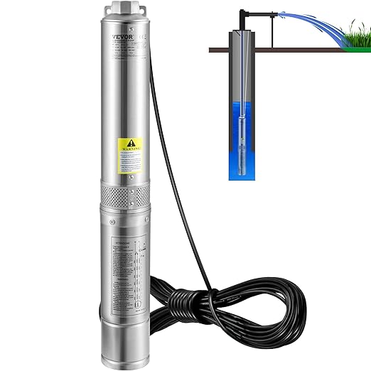 VEVOR Deep Well Submersible Pump, 2HP/1500W 230V/60Hz, 37GPM Flow 427 ft Head, with 33 ft Electric Cord, 4 inch Stainless Steel Water Pumps for Industrial, Irrigation & Home Use, IP68 Waterproof Grade