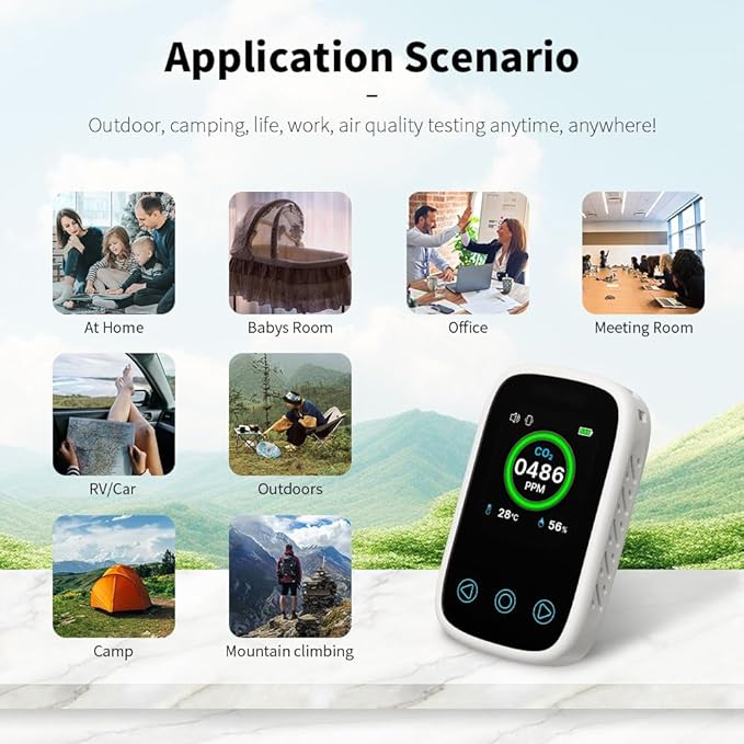 Portable CO2 Monitor CO2 Sensor,3 in 1 CO2 Concentration Monitor for Travel,Camping, Office, School,Home