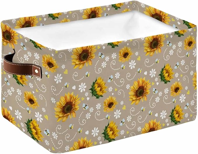 Brown Yellow Sunflower Storage Bins Cubes Waterproof Cloth Storage Basket,Summer Botanical Farmhouse Floral Foldable Storage Bags for Shelf Clothes Storages Organizers with Handles 15x11x9.5 in 1PCS