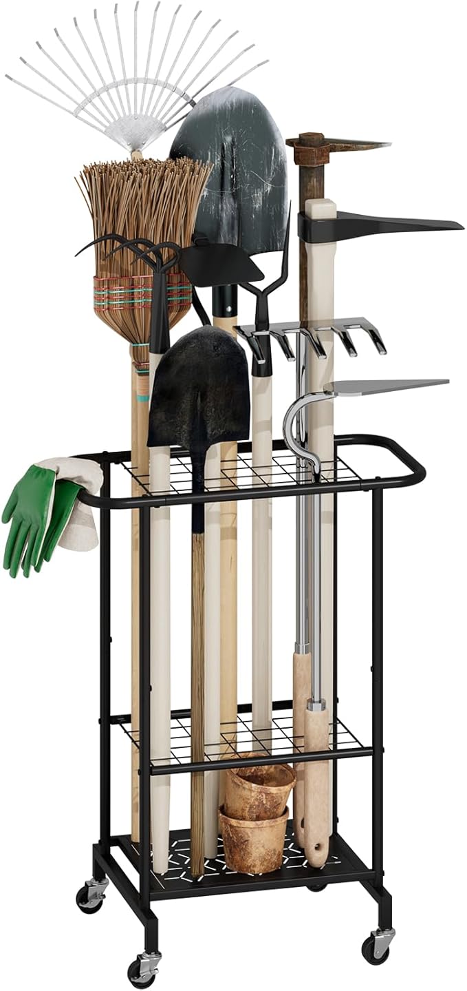 3-Tier Garden Tool Organizer with Wheels, Garage Floor Rolling Storage Cart on Wheels Heavy Duty Metal Rolling Storage Cart, Yard Tool Tower Rack for Garage, Patio, Shed, Indoor Outdoor