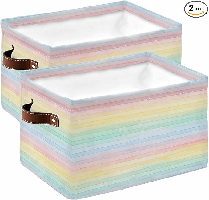 Colorful Striped Storage Bins Cubes Waterproof Cloth Storage Basket, Farmhouse Vertical Striped Watercolor Foldable Storage Bags for Shelf Closet Clothes Organizers with Handles 15x11x9.5 in 2PCS