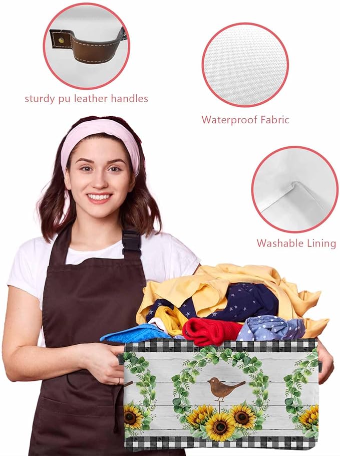 Spring Eucalyptus Sunflower Storage Bins Cubes Waterproof Cloth Storage Basket,Farmhouse Birds Gray Wood Foldable Storage Bags for Shelf Clothes Storages Organizers with Handles 15x11x9.5 in 2PCS
