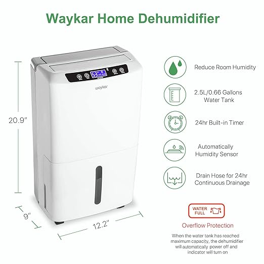 Waykar 34 Pints Energy Star Dehumidifier for Spaces up to 2,000 Sq. Ft at Home, in Basements and Large Rooms with Drain Hose and 0.66 Gallons Water Tank