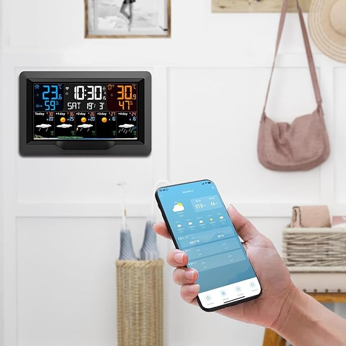 Smart Weather Station Clock, Large Color Screen Weather Clock with Indoor/Outdoor Temperature & Humidity Remote Sensor, for Monitoring Temperature, Humidity & 5-Day Forecasts
